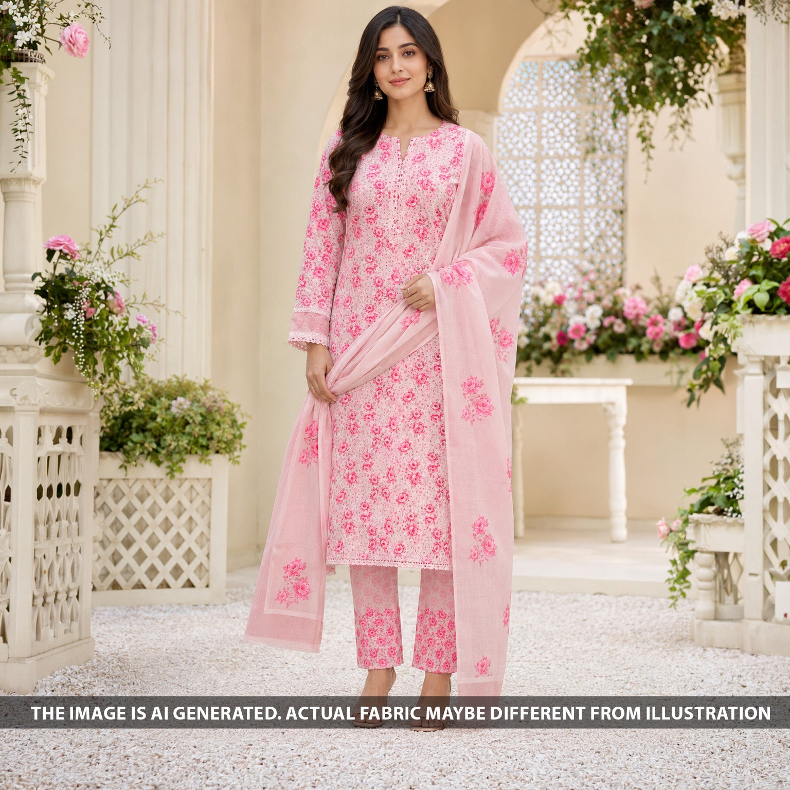 Indian model dressed in a blush pink floral suit made from F6905 Hakoba Cambric cotton fabric