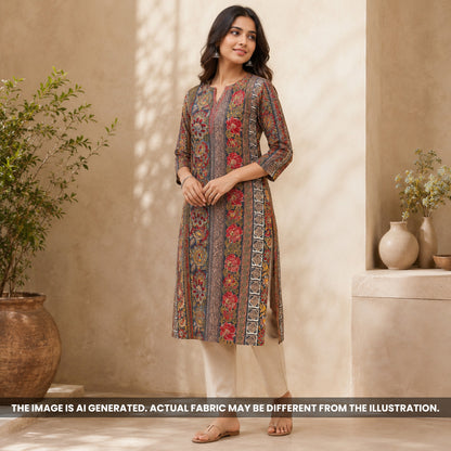 Indian model wearing a brown ethnic kurti made from soft Printed Rayon fabric F6988