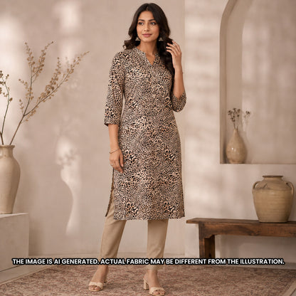 Indian model dressed in a brown leopard print kurti tailored from soft rayon fabric F6951