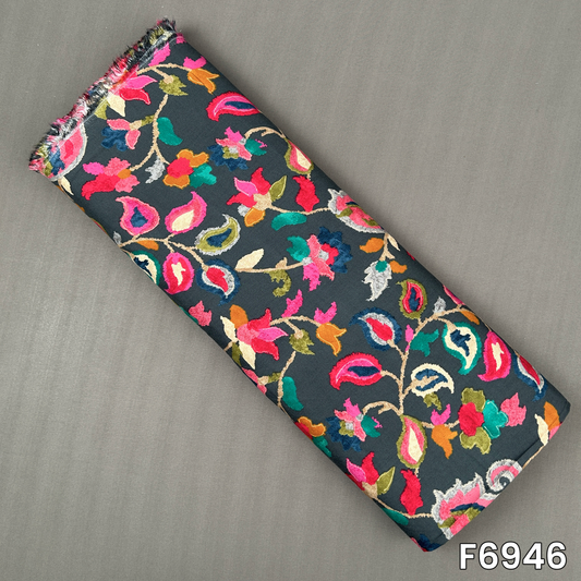 Charcoal grey printed rayon fabric F6946 featuring vivid floral and paisley vines in pink, teal, mustard and olive tones