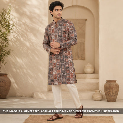 Indian male model styled in a charcoal geometric kurta crafted from Semi Linen fabric F6971