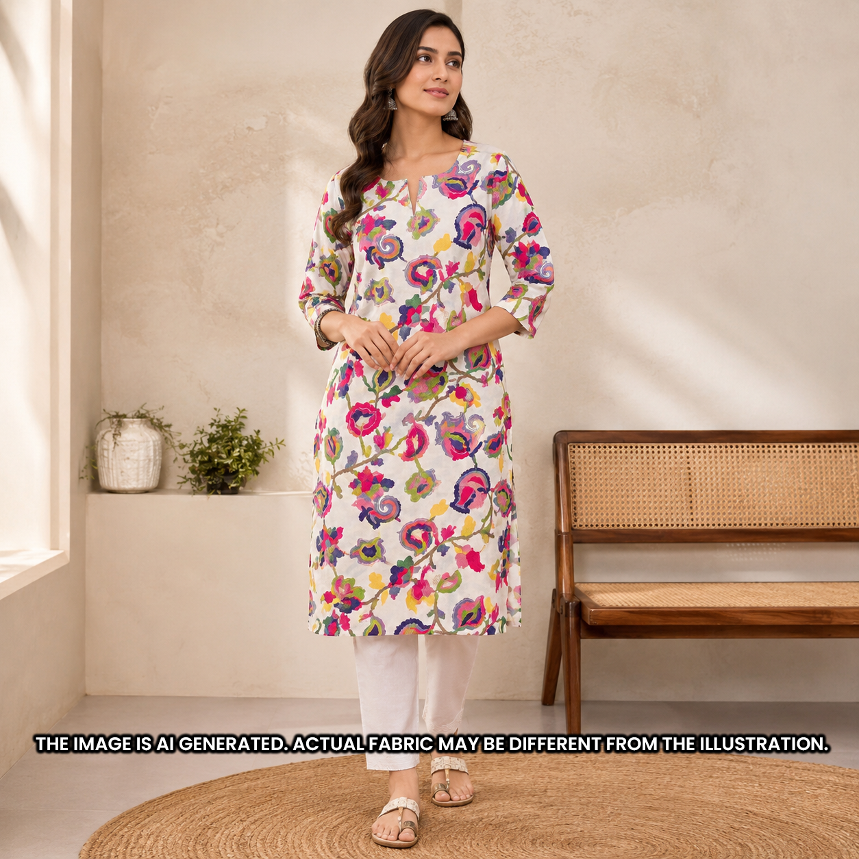 Indian woman wearing a straight kurti dress tailored from vibrant printed rayon design F6948