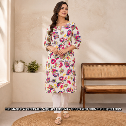 Indian woman wearing a straight kurti dress tailored from vibrant printed rayon design F6948