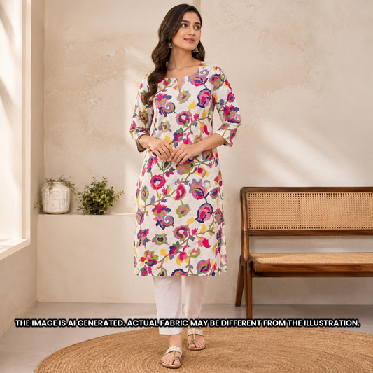 Indian woman wearing a straight kurti dress tailored from vibrant printed rayon design F6948