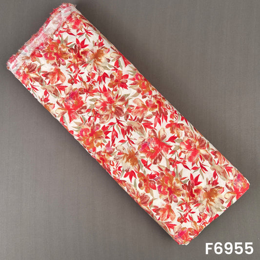 Folded rayon fabric F6955 featuring coral red botanical flowers with olive leafy accents on a soft ivory background