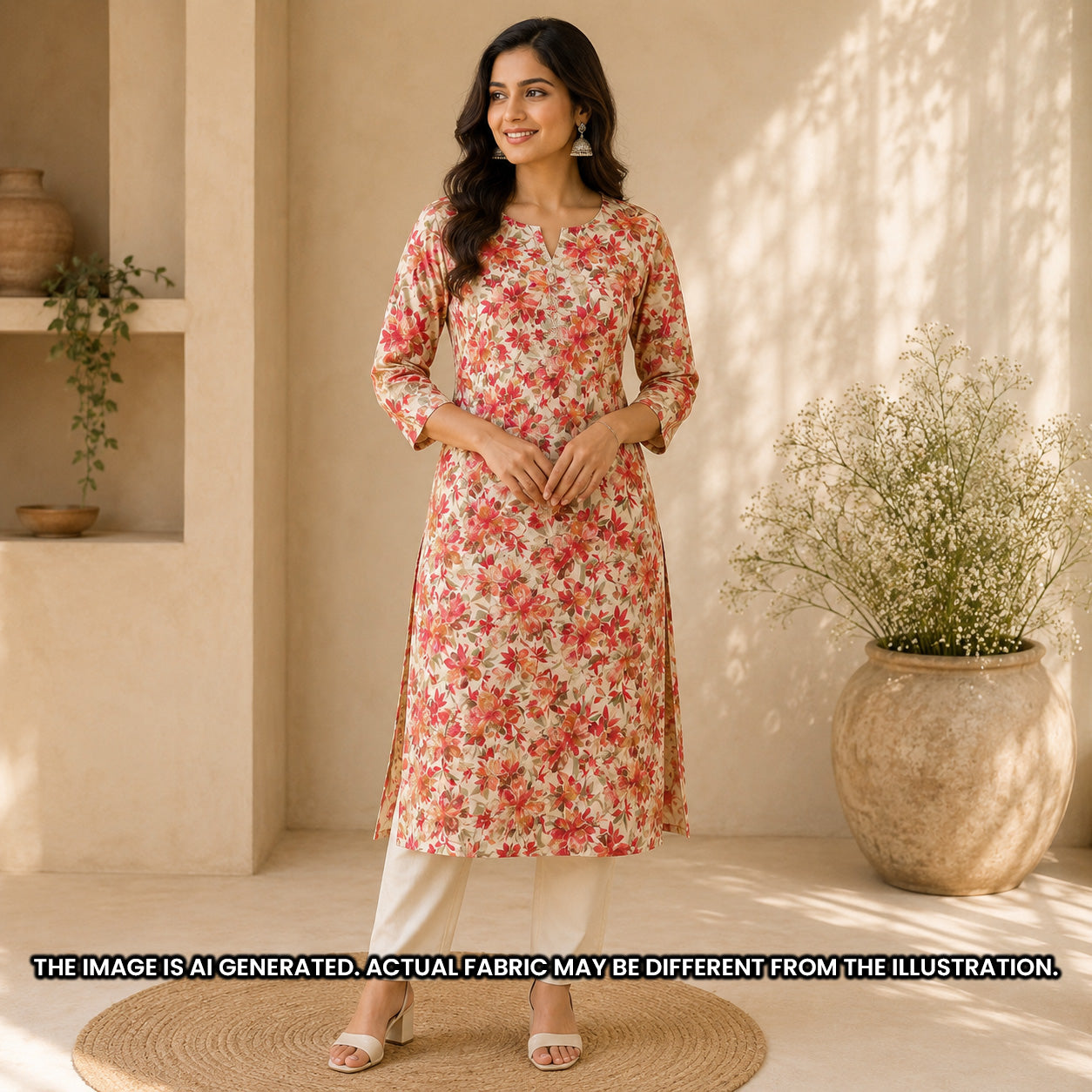 Indian woman dressed in a straight floral kurti created from lightweight printed rayon design F6955