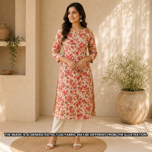 Indian woman dressed in a straight floral kurti created from lightweight printed rayon design F6955