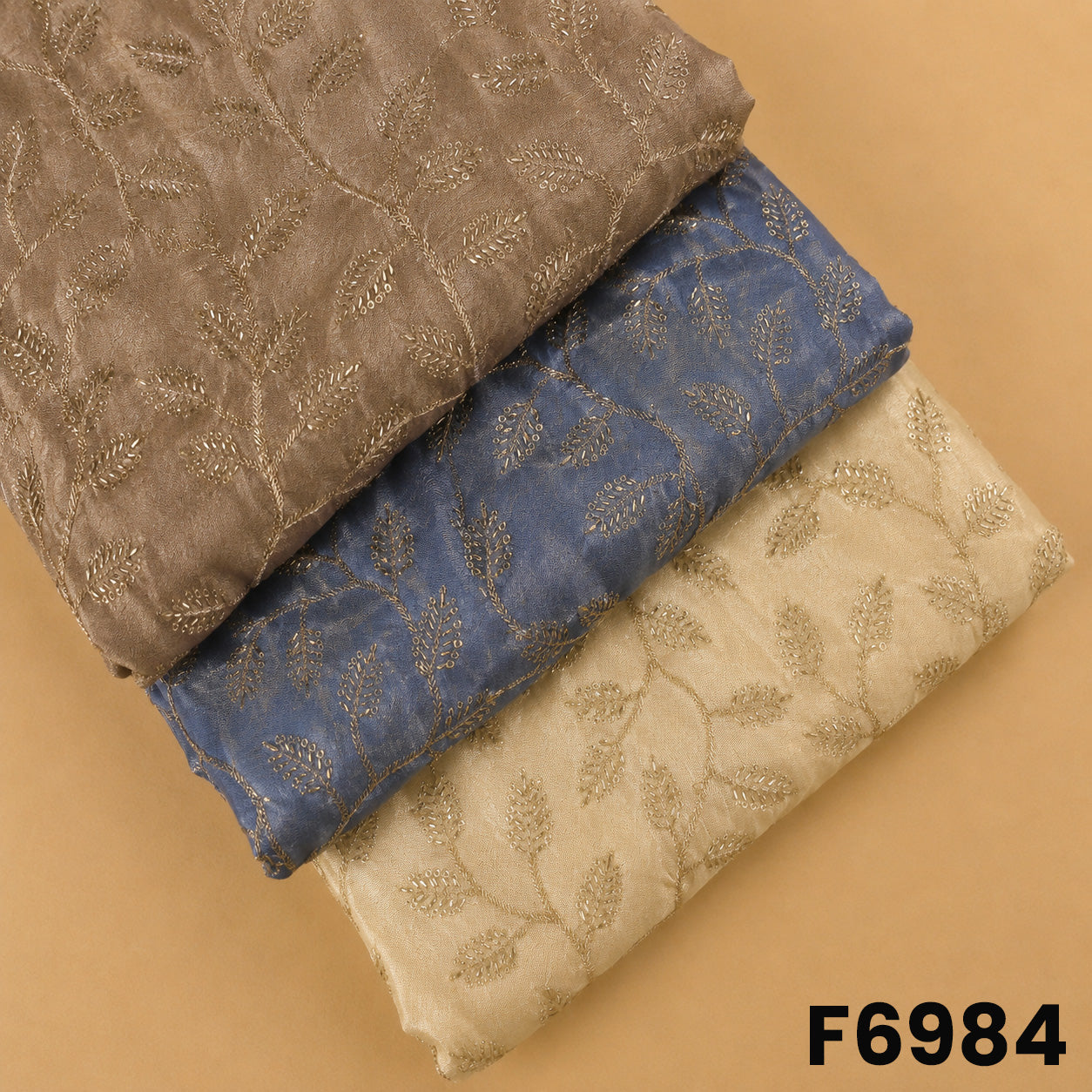 Multicolor shimmer tissue fabric F6984 with cut dana, zari and sequins embroidery in taupe, blue and ivory shades