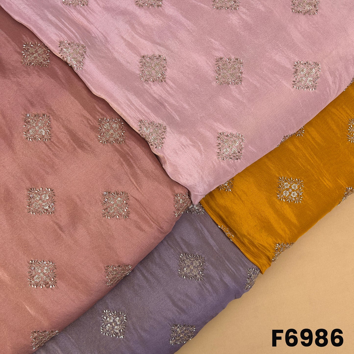 Multicolor shimmer tissue fabric F6986 with cut dana, zari and sequins embroidered geometric motifs