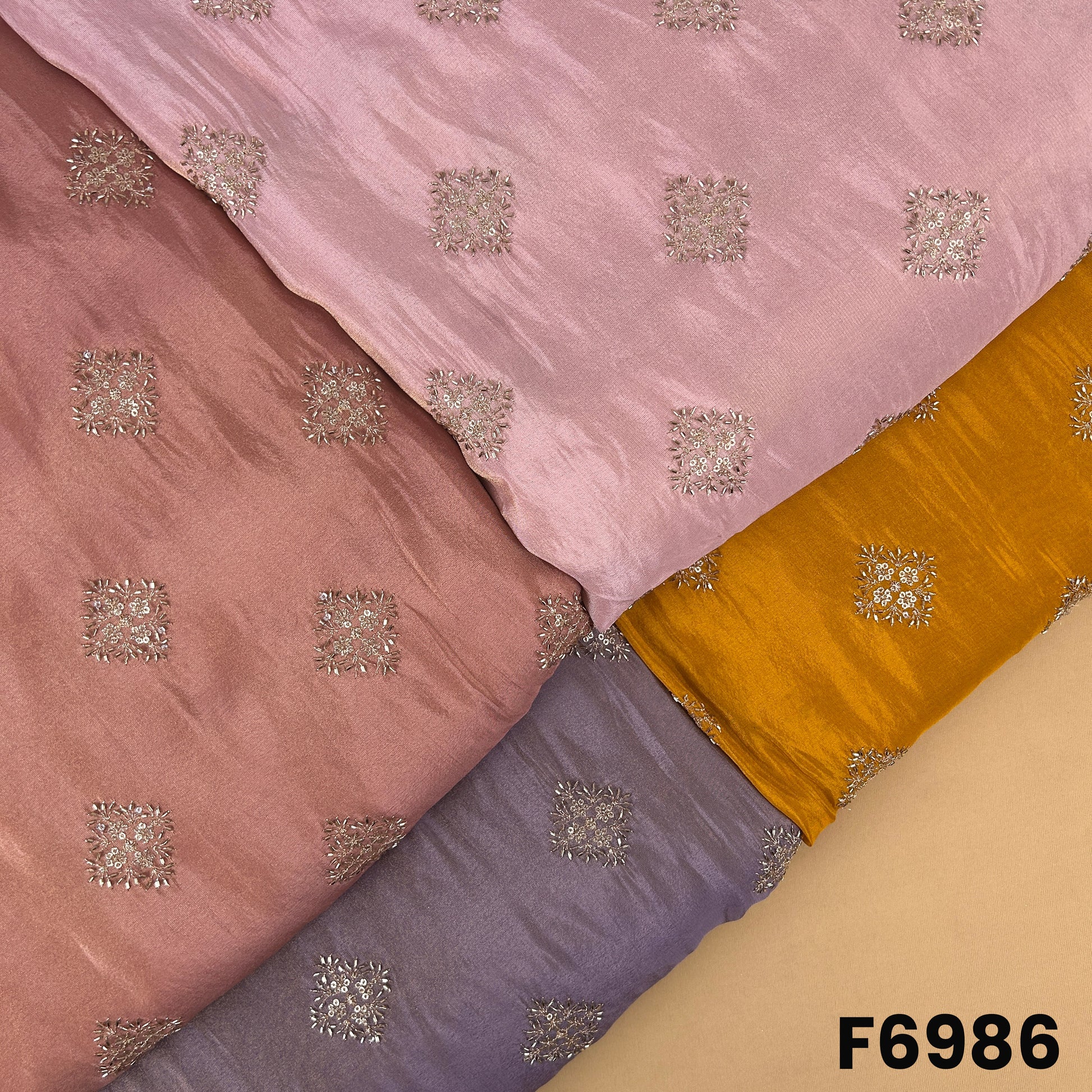 Multicolor shimmer tissue fabric F6986 with cut dana, zari and sequins embroidered geometric motifs