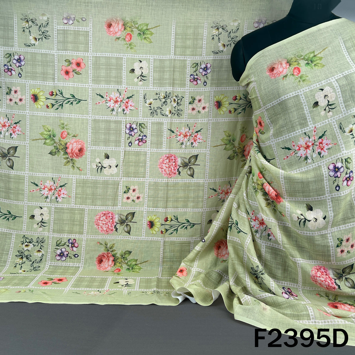 Sage green linen cotton dupatta with floral print