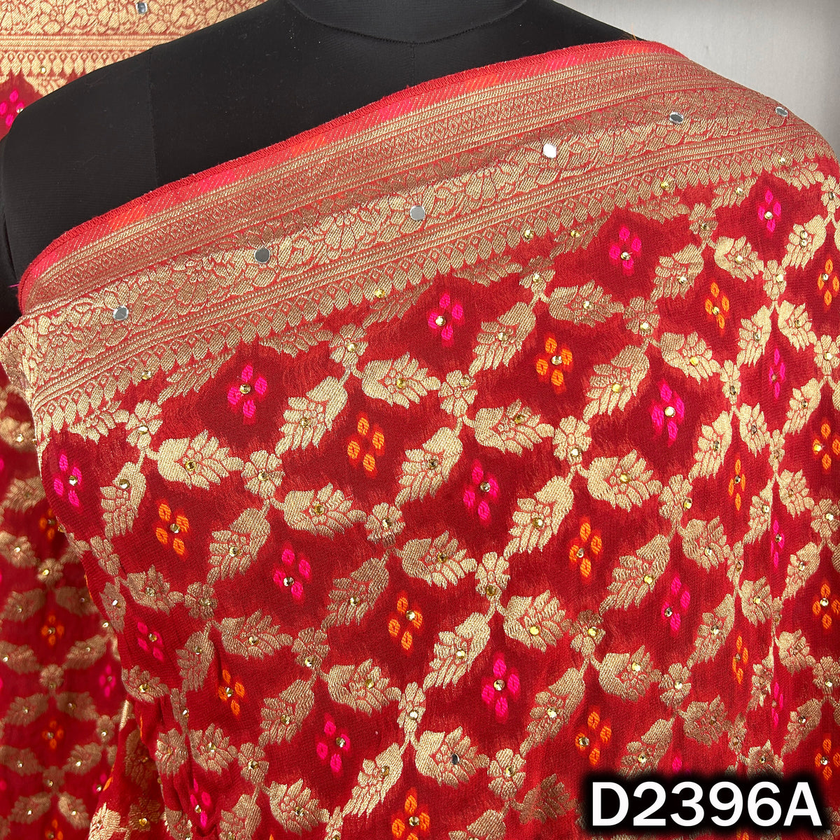 Red designer dupatta with mirror stone detailing