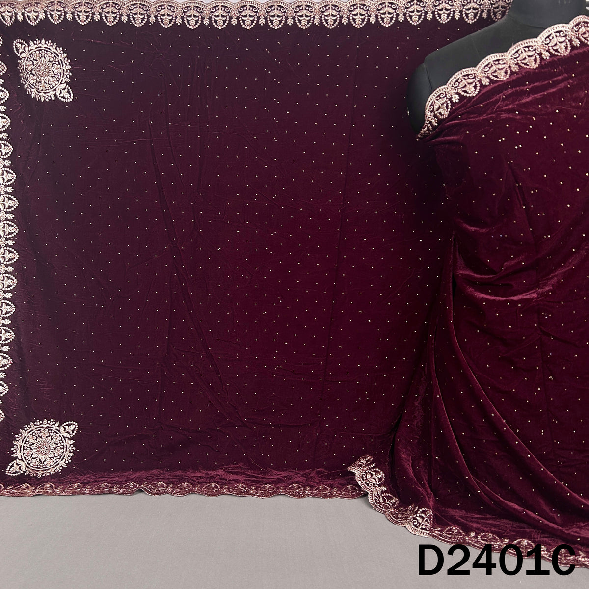 Wine velvet dupatta with zari stone detailing