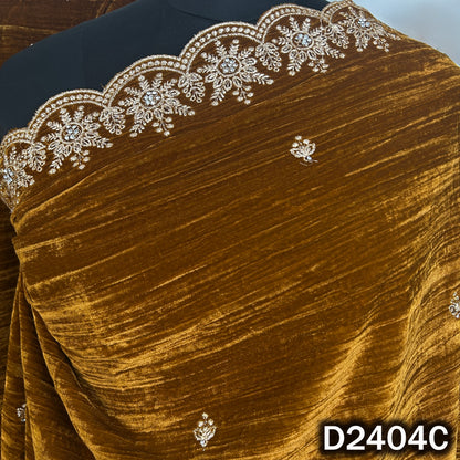 Mustard designer velvet dupatta with embroidered scalloped border