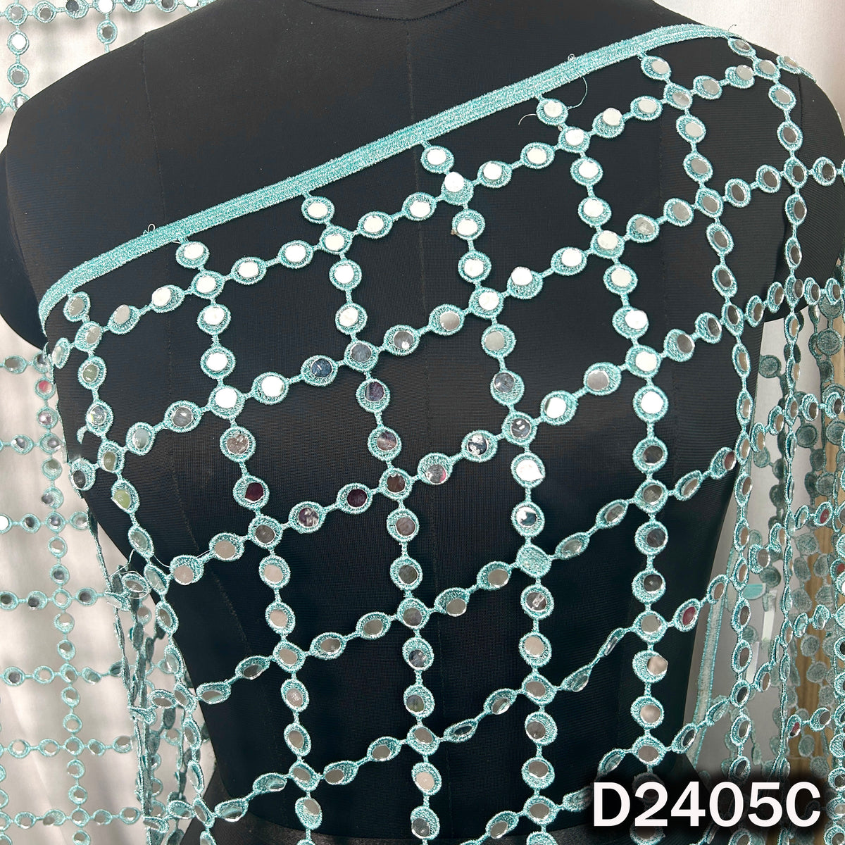 Aqua designer dupatta featuring geometric mirror lattice