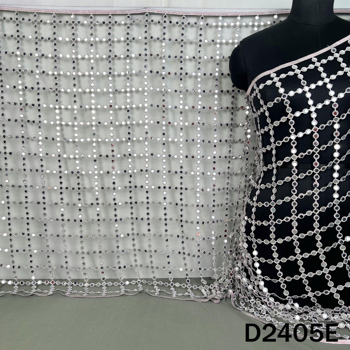 Silver lace dupatta with reflective geometric mirror work