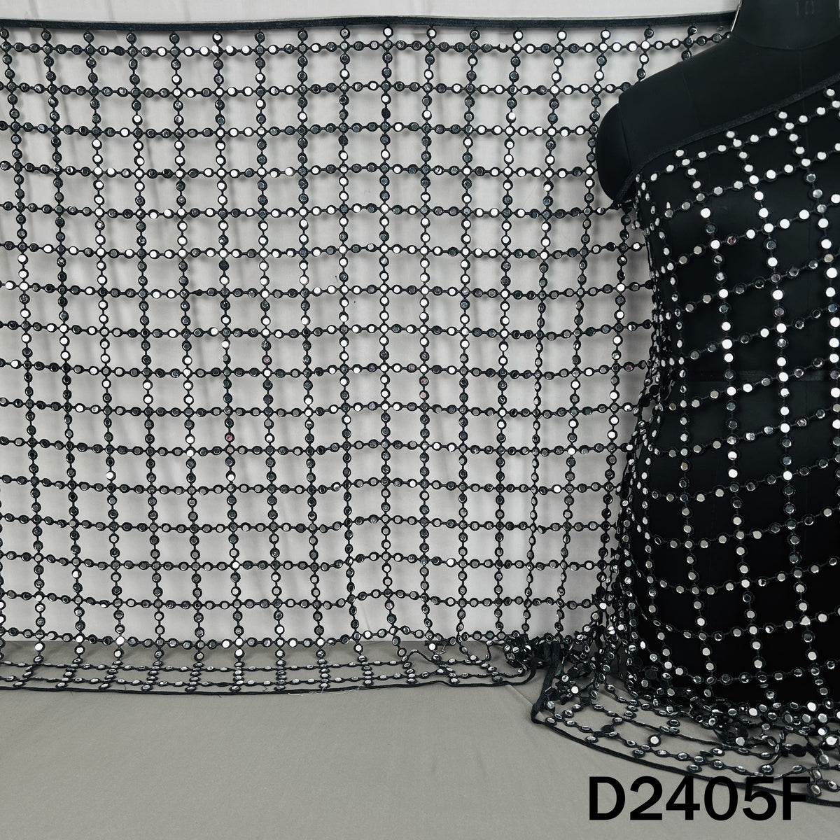 Black lace dupatta with silver mirror embellishments