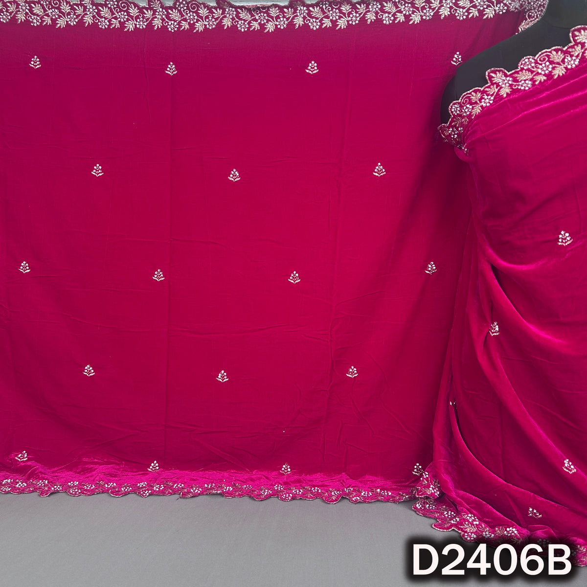 Rani pink velvet dupatta with delicate zari butis