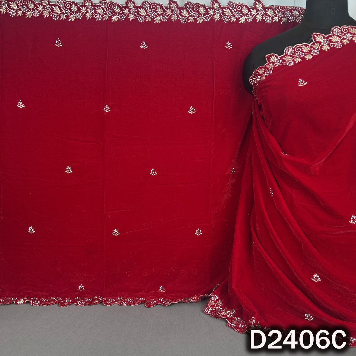 Red velvet dupatta featuring scattered zari buti motifs