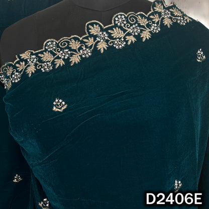 Teal designer velvet dupatta with ornate zari border