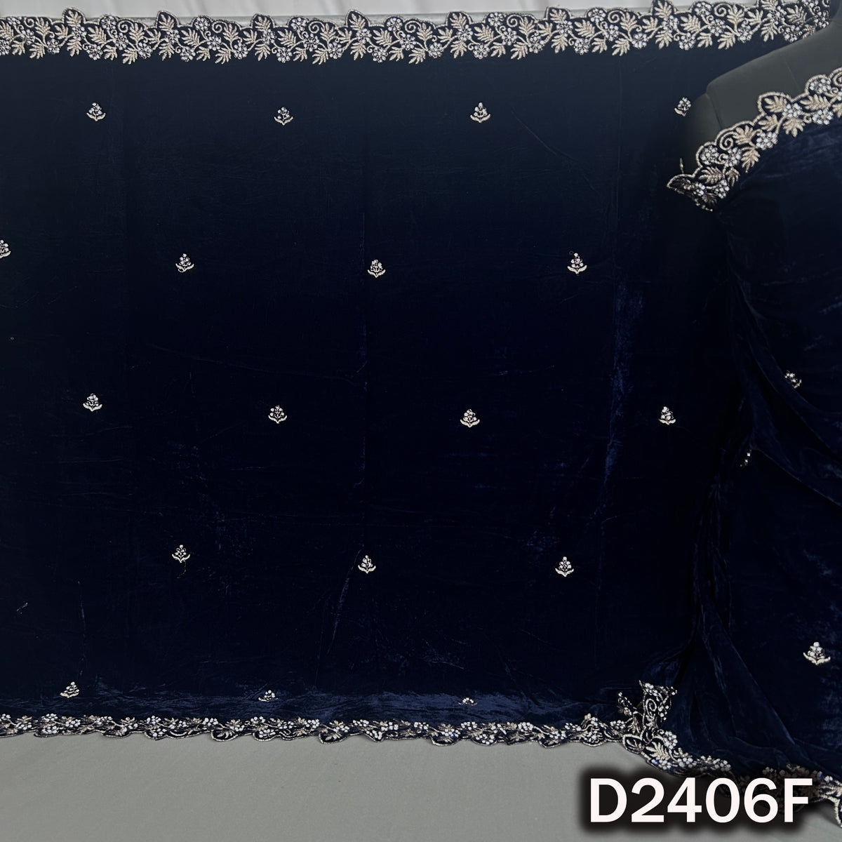 Navy velvet dupatta featuring metallic zari buti motifs