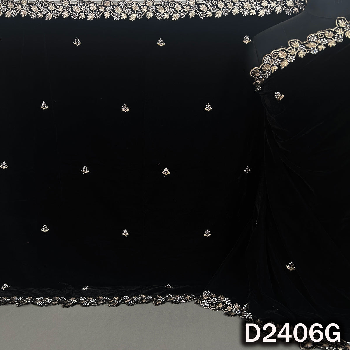 Black velvet dupatta with gold zari buti detailing