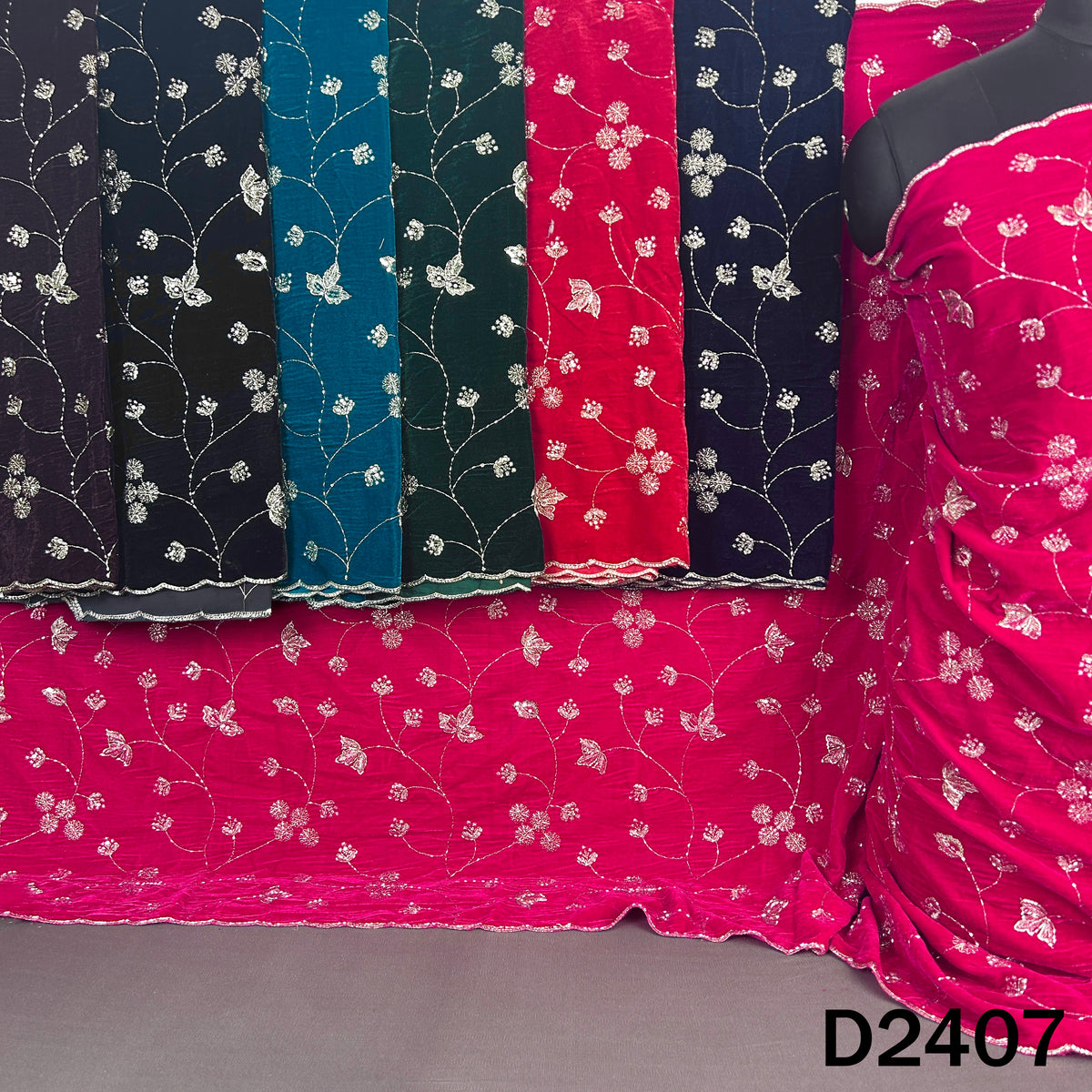 Multicolor velvet dupattas with floral zari sequin embroidery