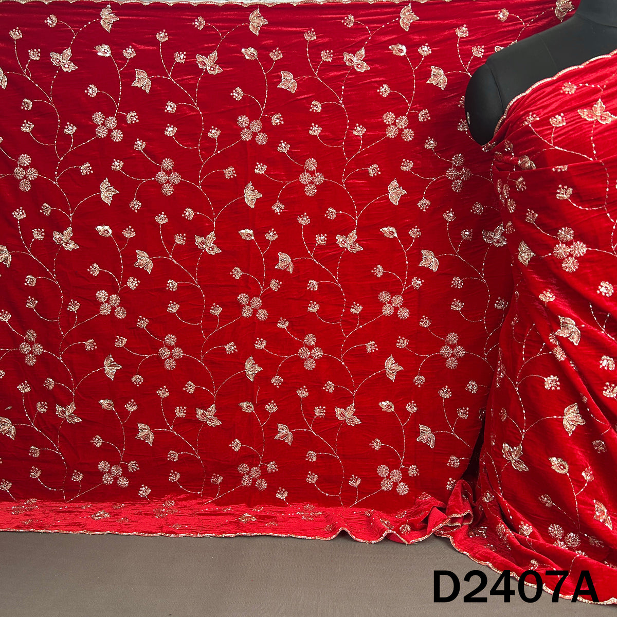 Red velvet dupatta featuring cut dana floral vines