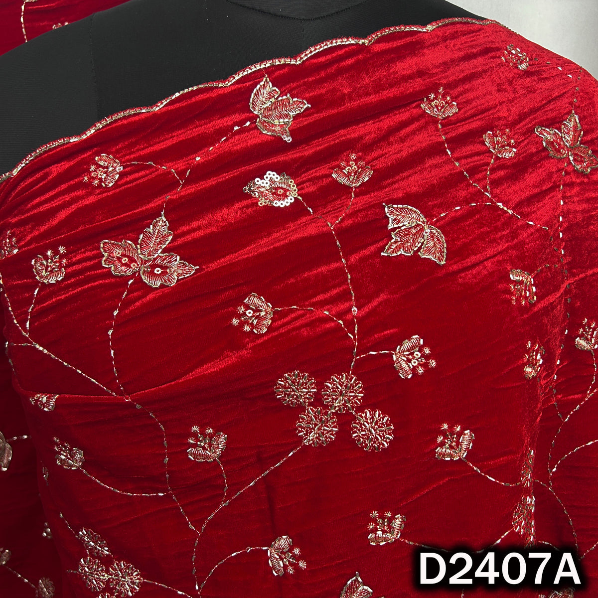 Red designer velvet dupatta with metallic floral jaal