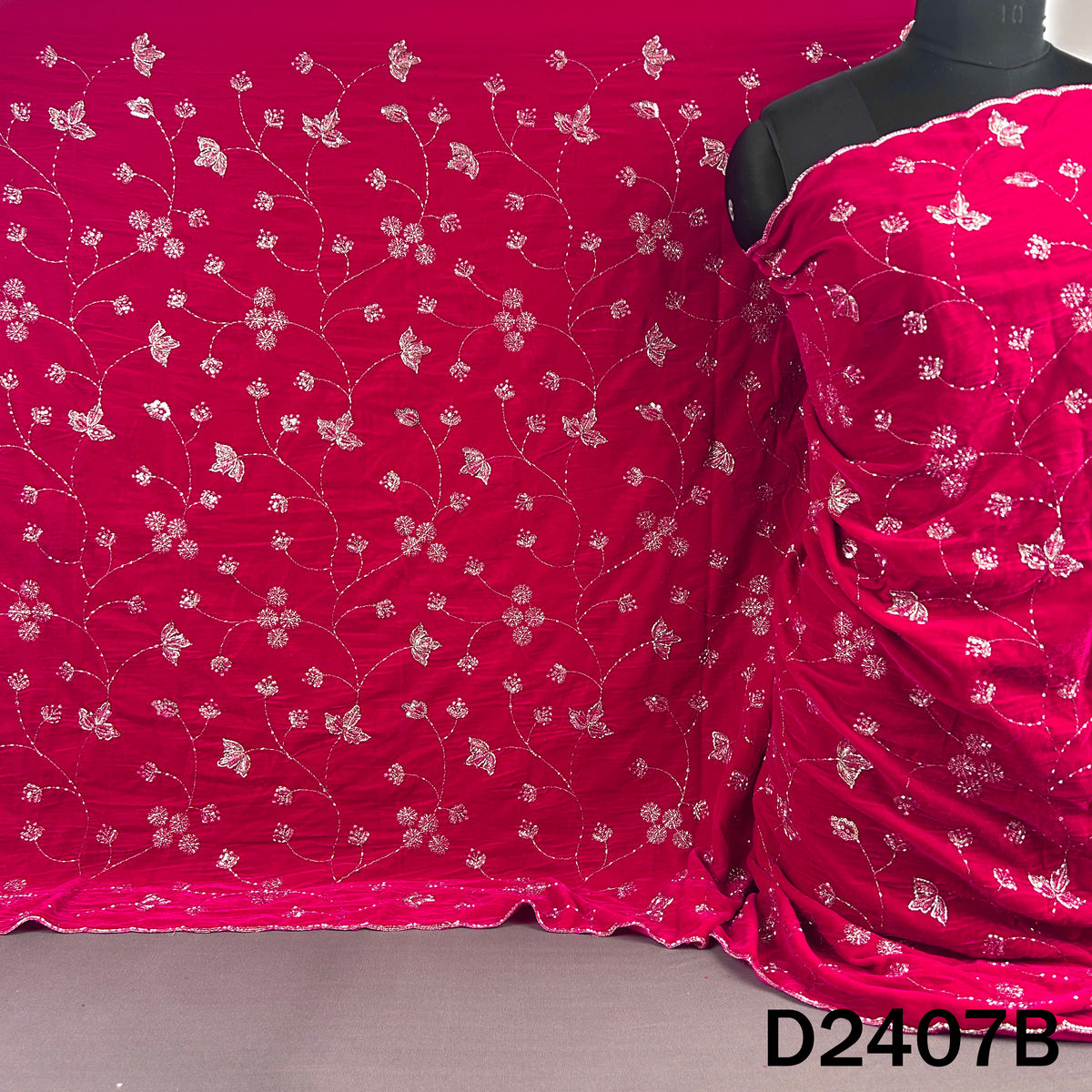 Rani pink velvet dupatta with sequin vine embroidery