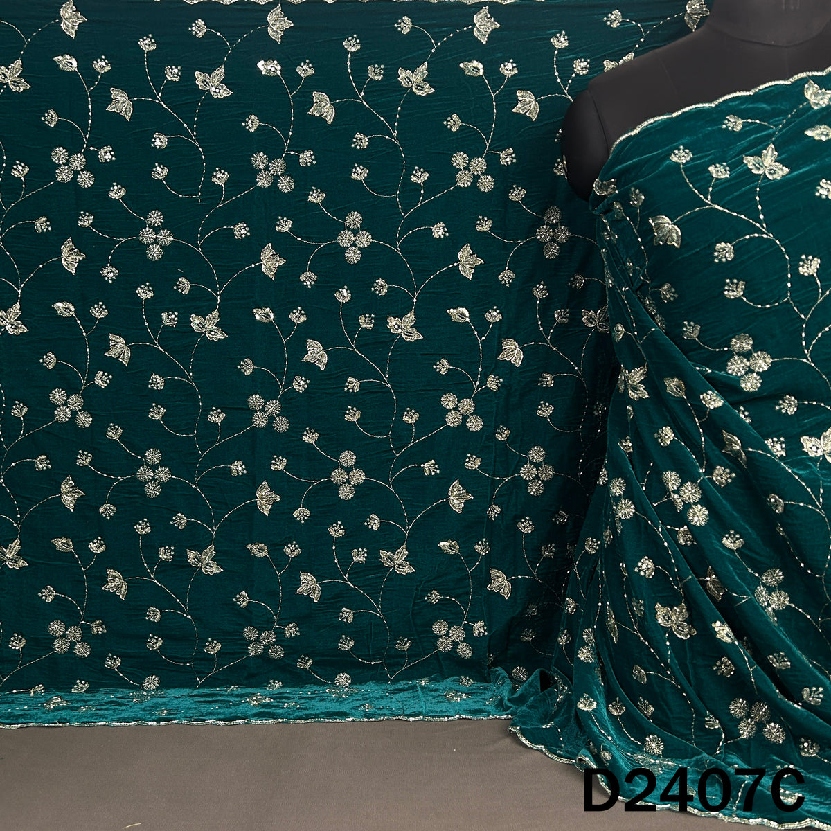 Teal velvet dupatta with scattered cut dana motifs