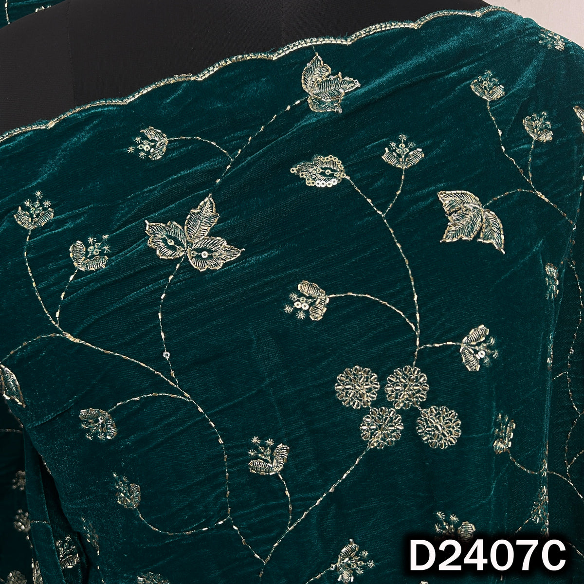 Teal designer velvet dupatta showcasing embroidered floral branches