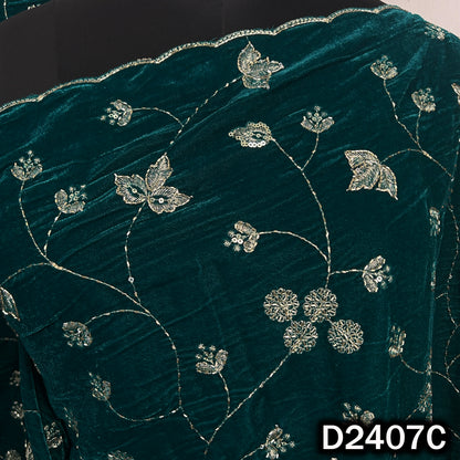 Teal designer velvet dupatta showcasing embroidered floral branches