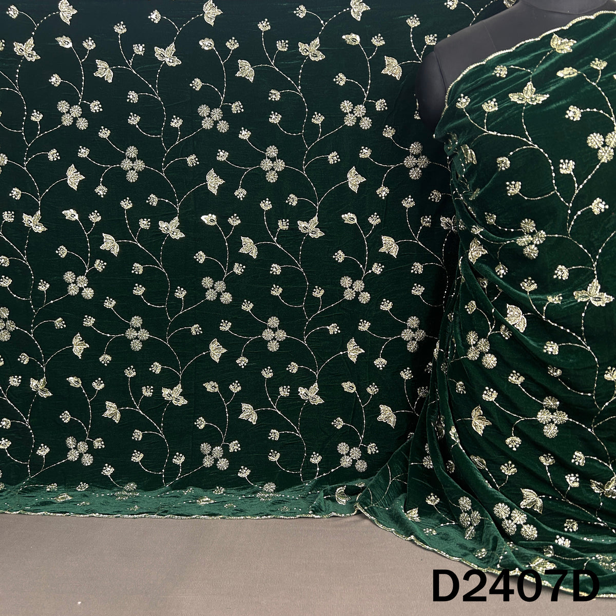 Dark green velvet dupatta featuring golden floral vines
