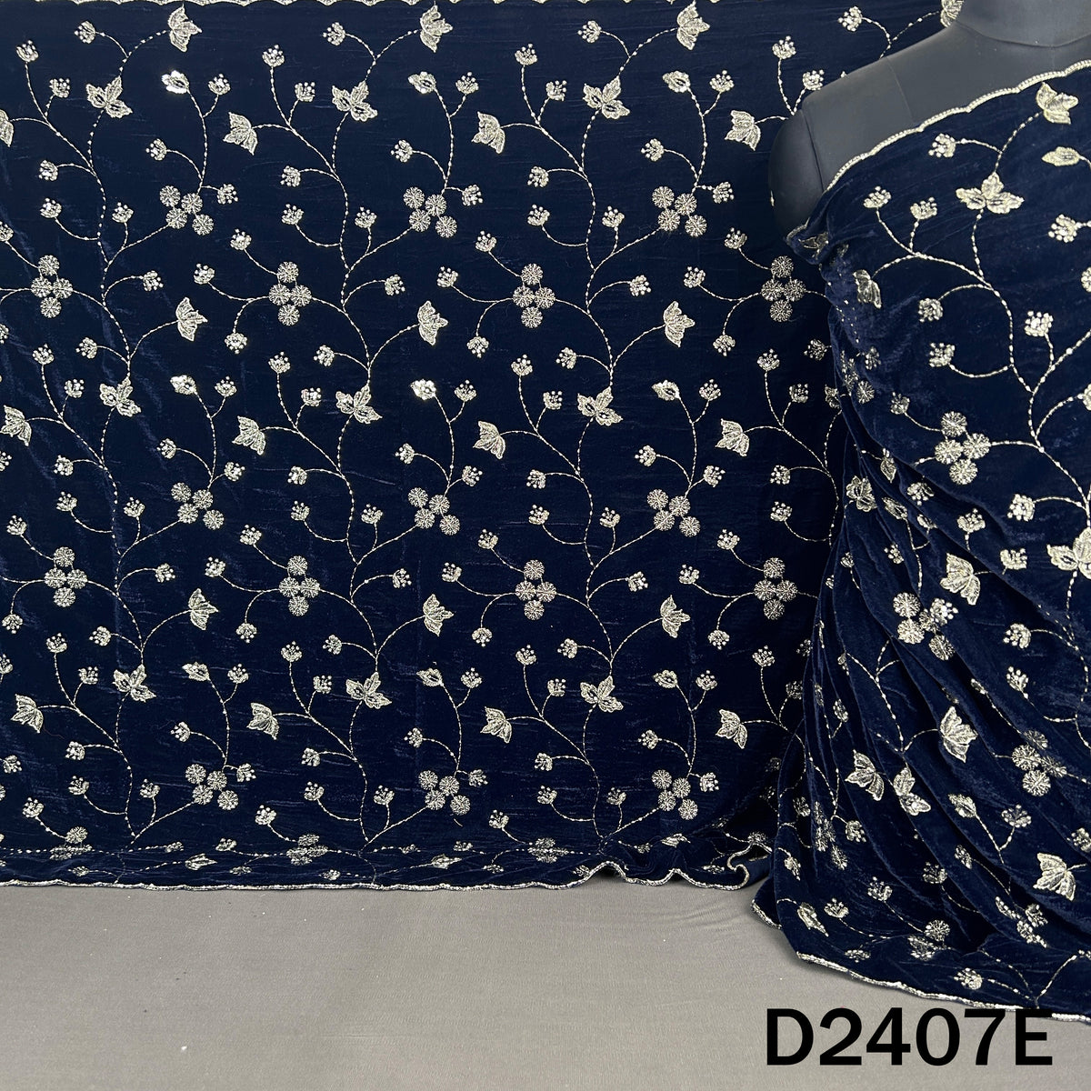 Navy blue velvet dupatta with shimmering zari flowers