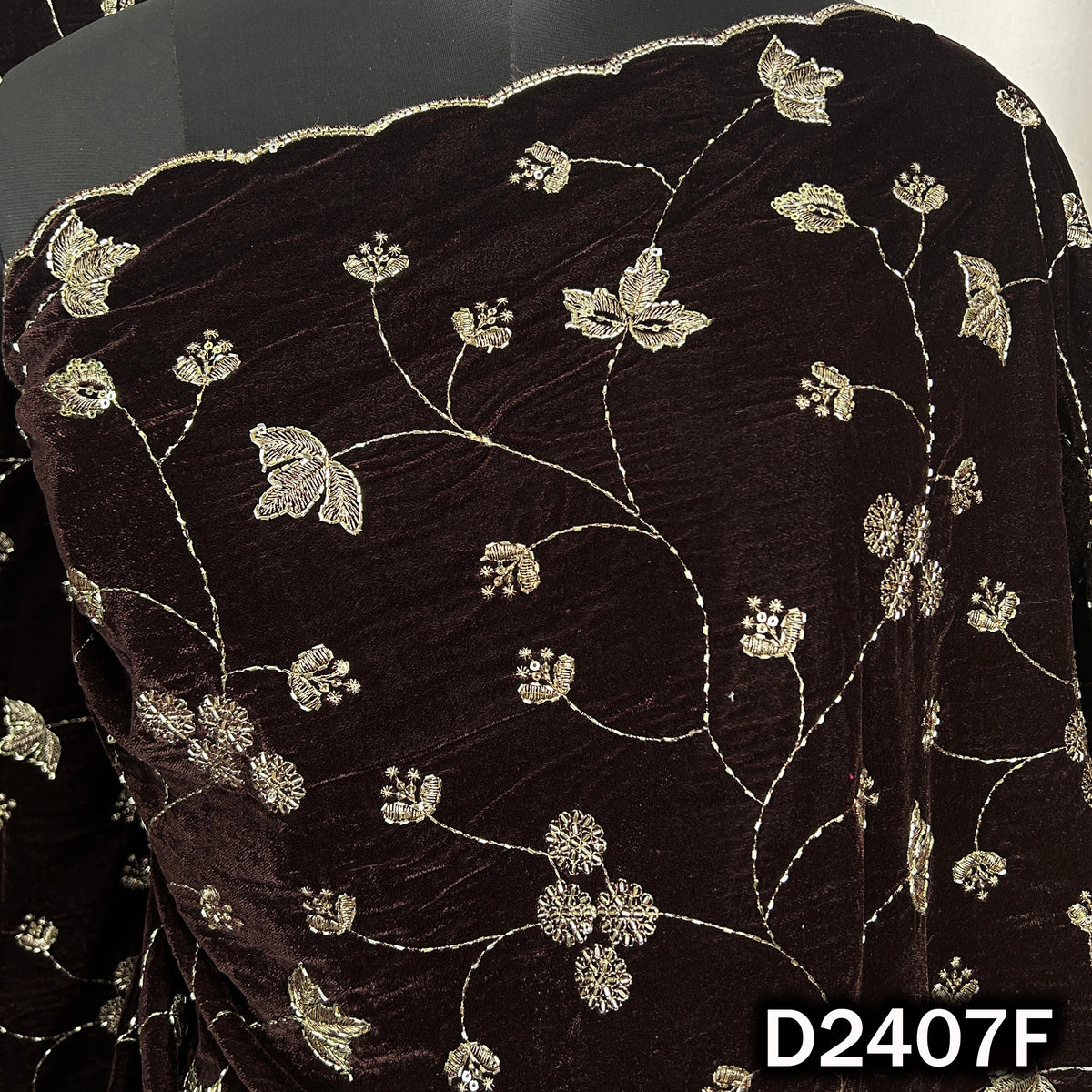 Brown embroidered velvet dupatta with delicate sequin vines