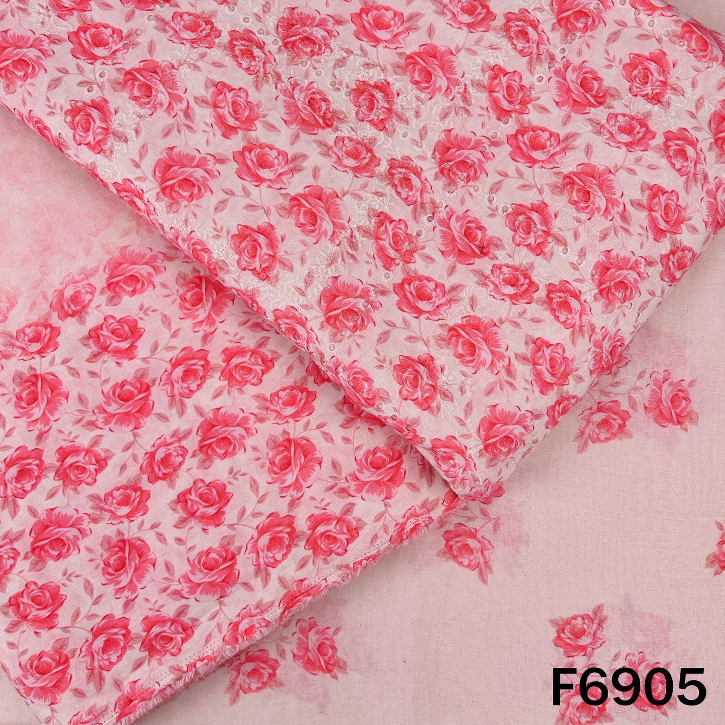 Blush pink digital print Hakoba Cambric cotton fabric F6905 with coral rose motifs and delicate embroidered cutwork