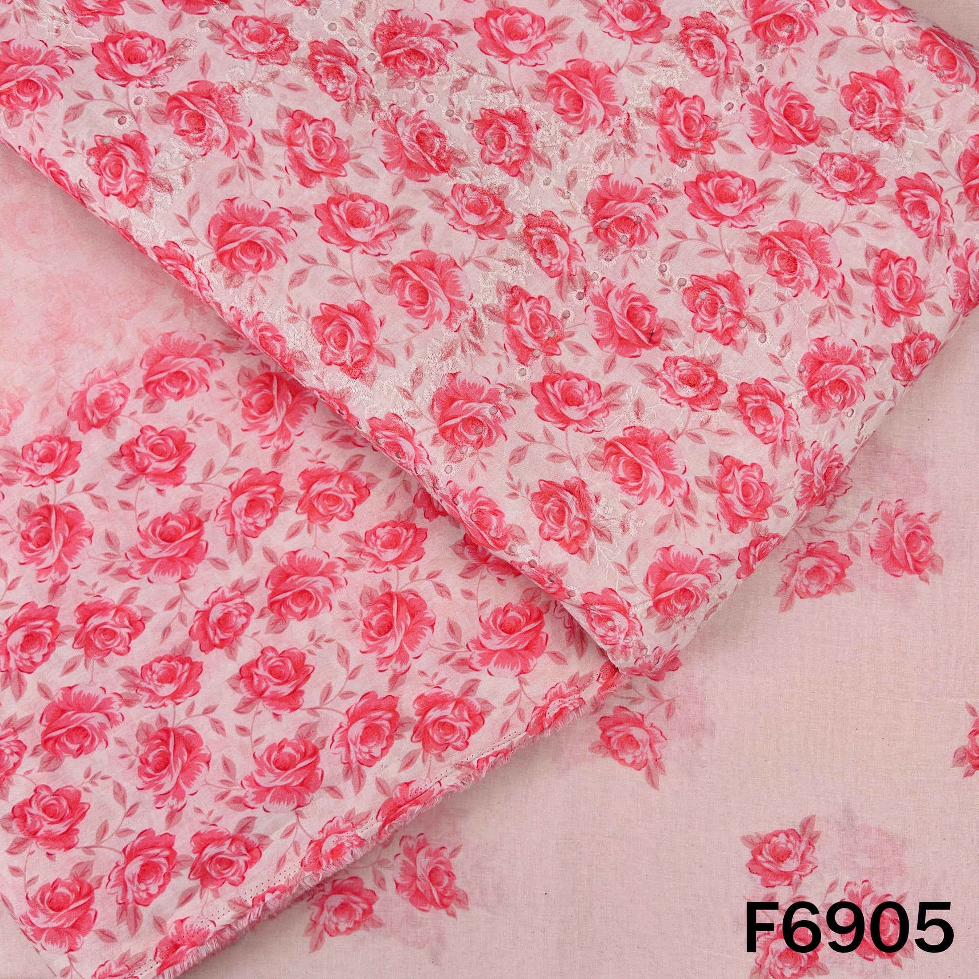 Blush pink digital print Hakoba Cambric cotton fabric F6905 with coral rose motifs and delicate embroidered cutwork