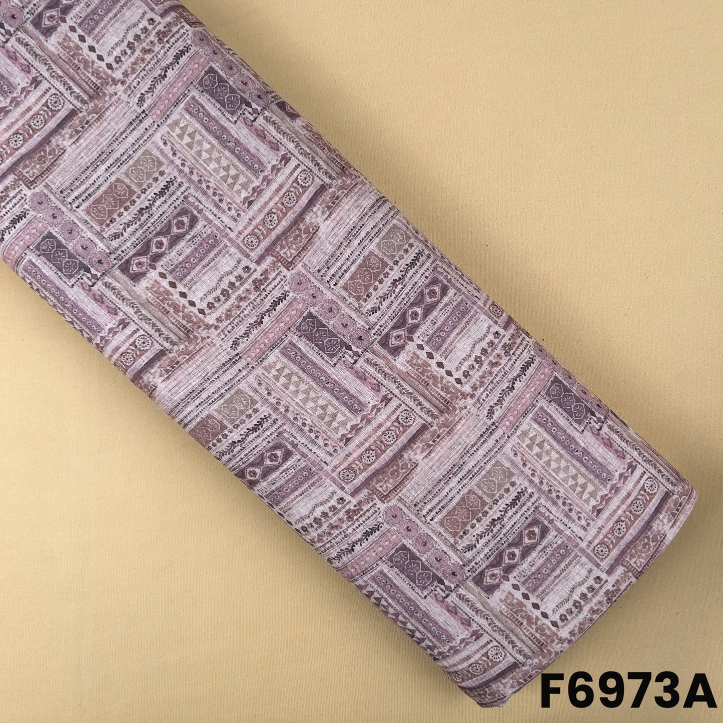 Dusty rose Semi Linen fabric F6973A featuring layered geometric panels and handcrafted-style motifs