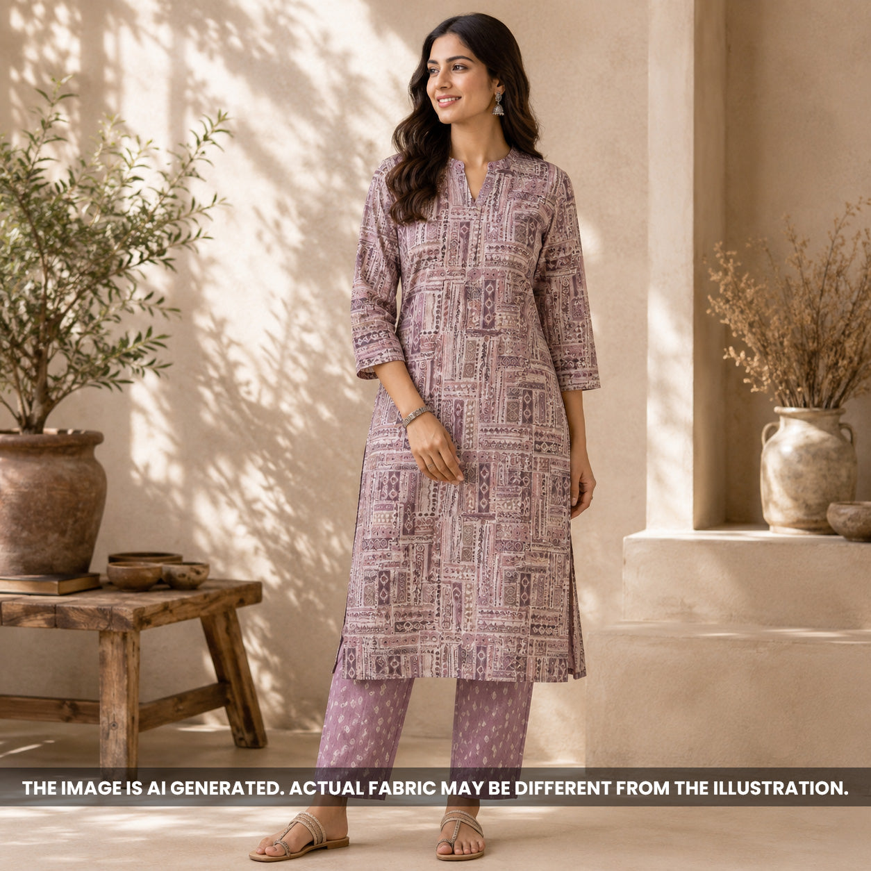 Indian woman wearing a dusty rose kurti made from breathable Semi Linen fabric F6973