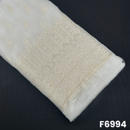 Dyeable Chanderi Silk fabric F6994 with floral butti embroidery and an ornate thread sequins border on an ivory base