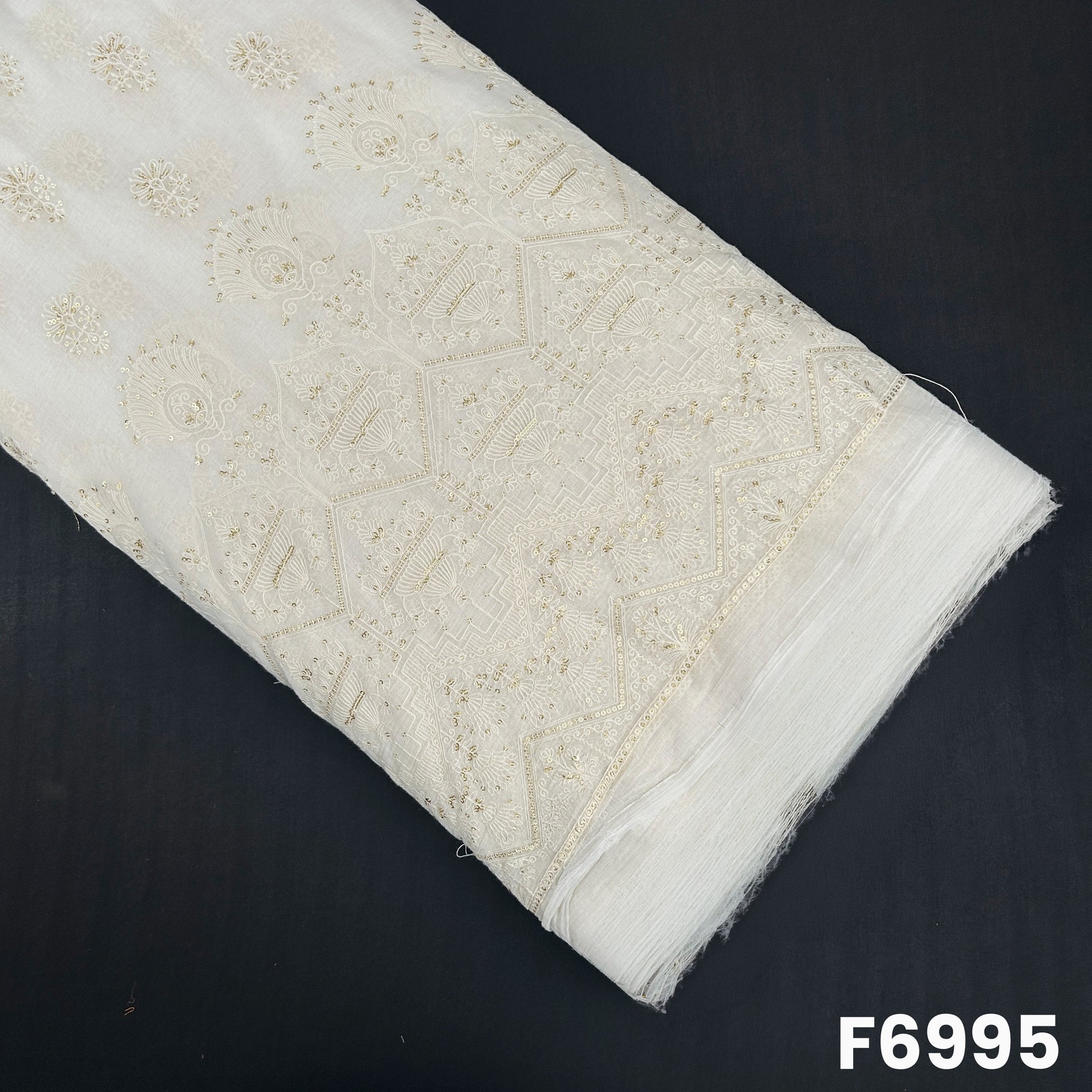 Dyeable Chanderi Silk fabric F6995 with all-over embroidered butti motifs and a heavily detailed designer border