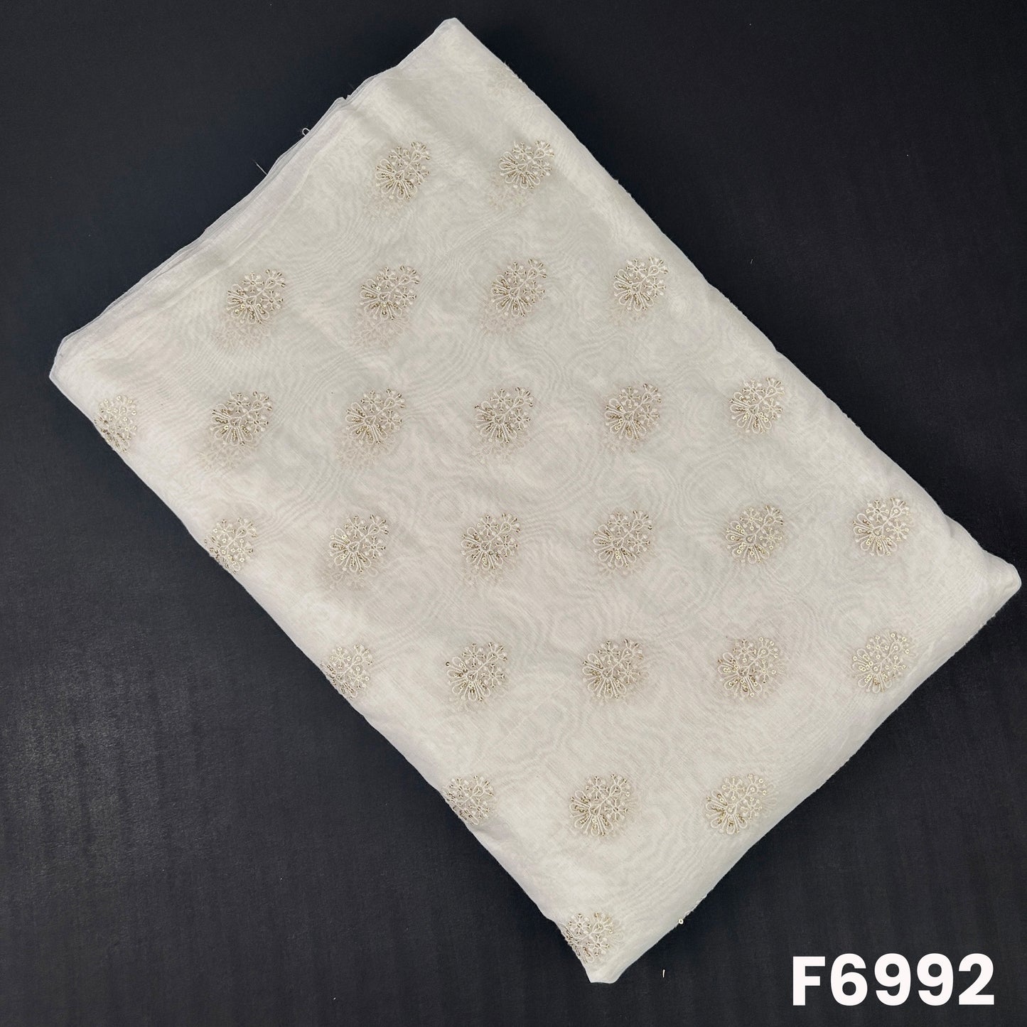 Dyeable Chanderi Silk fabric F6992 with round floral butti embroidery, thread detailing and subtle sequins shine