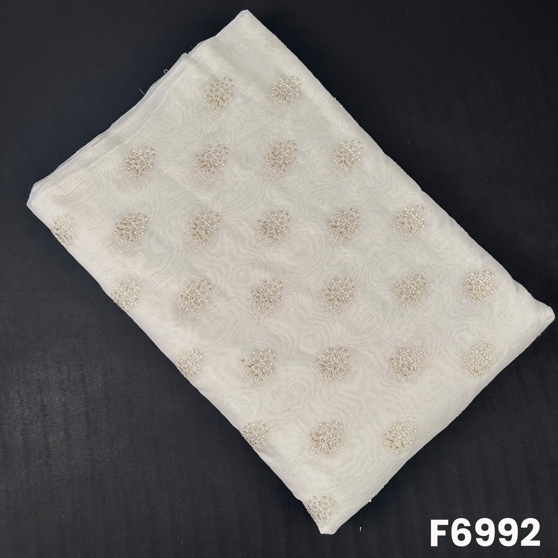 Dyeable Chanderi Silk fabric F6992 with round floral butti embroidery, thread detailing and subtle sequins shine