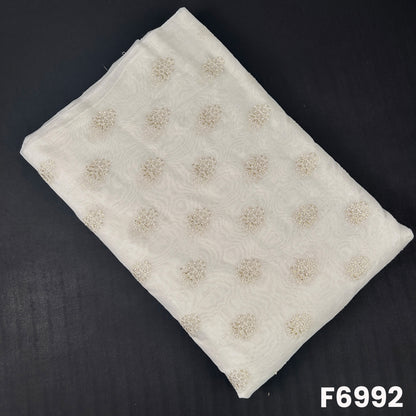 Dyeable Chanderi Silk fabric F6992 with round floral butti embroidery, thread detailing and subtle sequins shine
