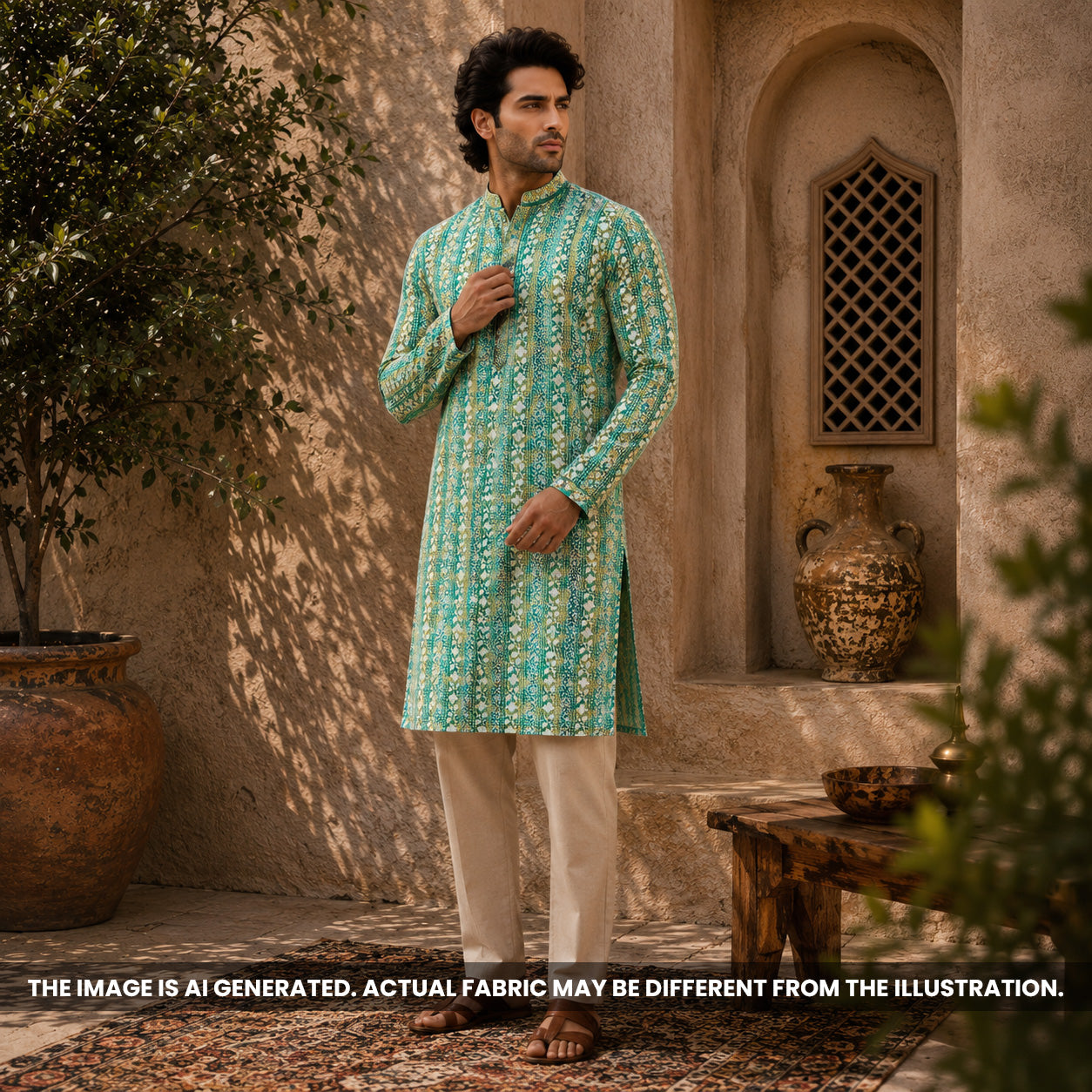 Indian male model styled in an emerald green kurta crafted from floral stripe semi silk fabric F6980