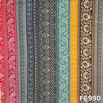 Close pattern view of F6990 showing red, grey, teal, mustard, brown and black decorative stripe sections