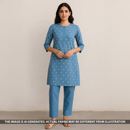 Blue embroidered linen kurta fabric styled on model