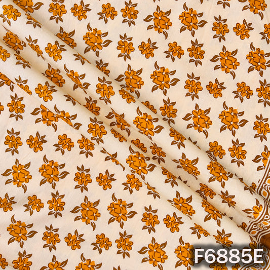 Detailed view of F6885E orange cotton fabric showing clear flower motifs and natural cotton texture