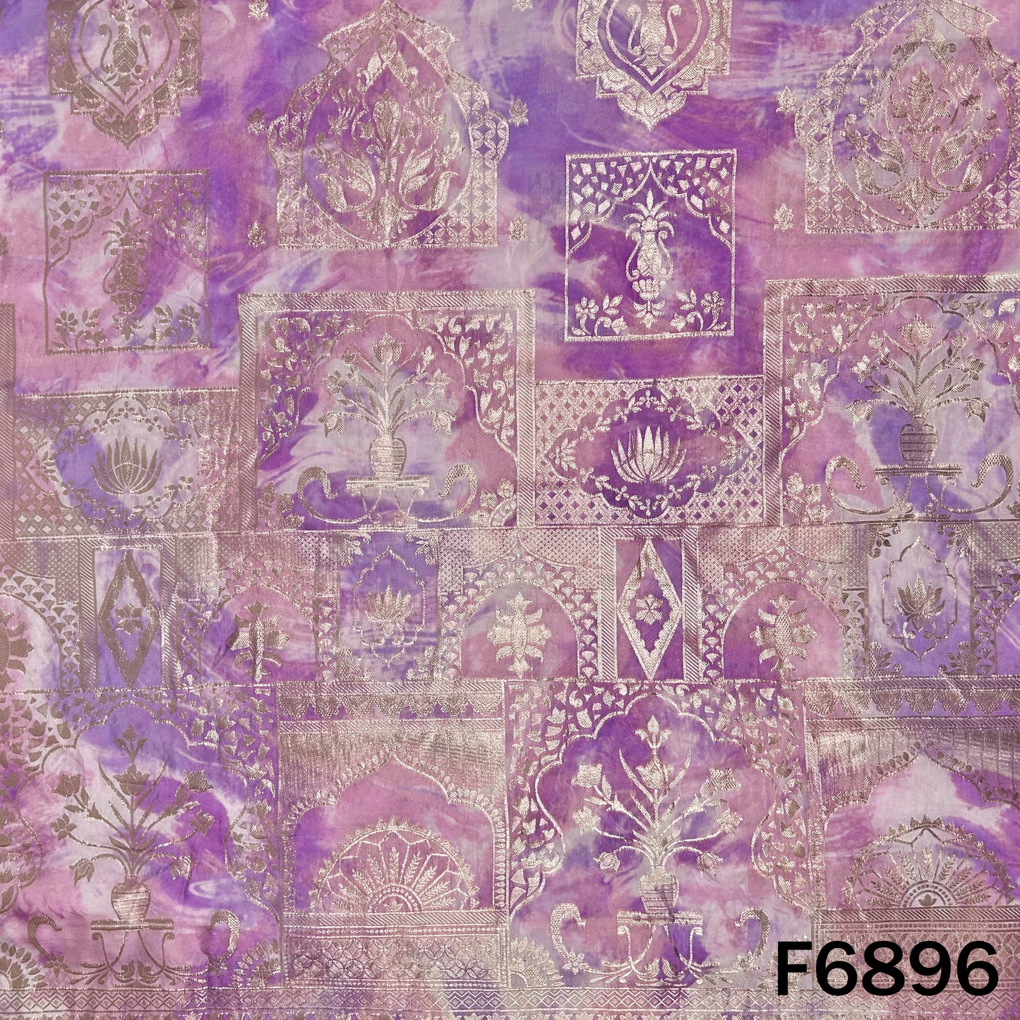 Close-up of F6896 lavender shimmer tissue fabric showing metallic zari design and glossy texture